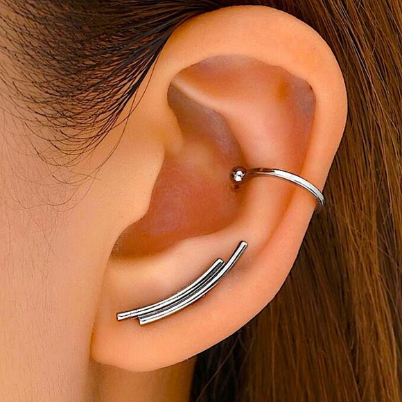 Two Piece Geometric Ear Climber, Silver, Huggie, Hoop, Stud, Minimalist - Picture 1 of 5